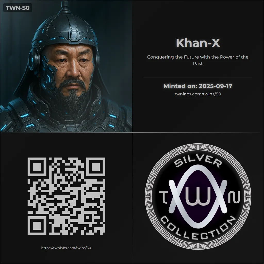 Example TWN Labs iNFT cards by tier: TWN-S0 Khan-X (Silver)