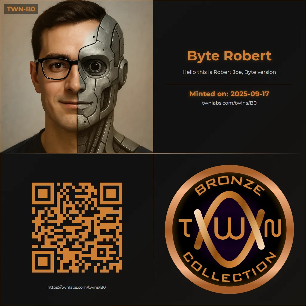 Example TWN Labs iNFT cards by tier: TWN-B0 Byte Robert (Bronze)