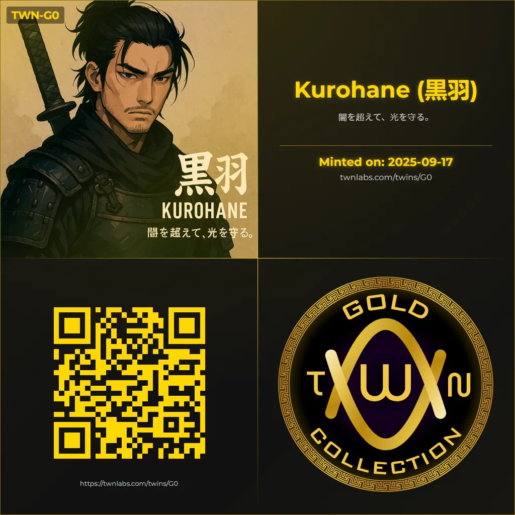 Example TWN Labs iNFT cards by tier: TWN-G0 Kurohane (Gold)